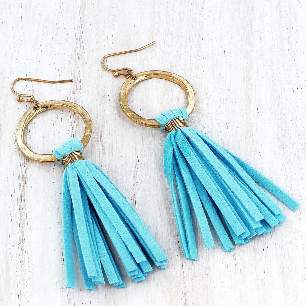 AQUA LEATHER TASSEL EARRINGS